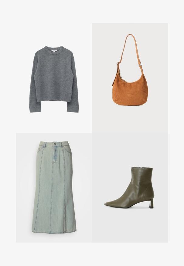 Grijze wollen trui met ronde hals en lange mouwen, voorzien van geribbelde manchetten, zoom en halslijn, afgebeeld op een witte achtergrond.; Lichtblauwe denim midi-rok met voorknoop, ritssluiting, riemlussen en verticale naaddetails.; Olijfgroene leren enkellaars met een spitse neus en een blokhak van 4 cm; gladde textuur en minimalistisch ontwerp met een ritssluiting.; Tan suède schoudertas met een gebogen ontwerp, verstelbare schouderriem, metalen rits en een geperst logo op de voorkant.