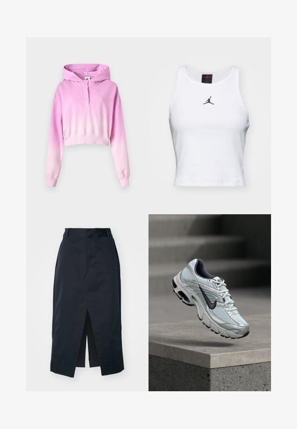 Ružovo-biely ombré krátky pulóver s kapucňou, dlhé rukávy, zapínanie na gombíky, logo Nike a pripevnená kapucňa.; Biely crop tank top vyrobený z bavlny s rebrovanou textúrou. Obsahuje čierne logo Jordan v strede a klasický okrúhly výstrih.; Tmavomodrá midi sukňa vyrobená z bavlnenej zmesi, s predným rozparkom, skrytým zipsom a bočnými vreckami pre väčšiu funkčnosť.; Bielo-sivá bežecká topánka Nike s čiernym logom vznášajúca sa nad betónovým hranolom na rozmazanom sivom pozadí.