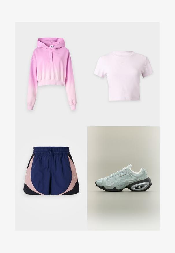 Pink-weißes Ombre-Cropped-Hoodie mit langen Ärmeln, geknopfter Blende, Nike-Logo und angenähter Kapuze.; Hellrosa, kurz geschnittenes Nike-T-Shirt mit kurzen Ärmeln und kleinem weißem Nike-Swoosh-Logo, zentriert unterhalb des Halsausschnitts.; Nike Sportshorts mit einem elastischen Bund, ausgestattet mit Navy-, Pink- und schwarzen Einsätzen. Hergestellt aus leichtem, strukturiertem Stoff.; Hellgrauer Nike-Sneaker mit schwarzer und silberner luftgepolsterter Sohle, strukturiertem Obermaterial und kleinem silbernen Swoosh-Logo an der Seite.