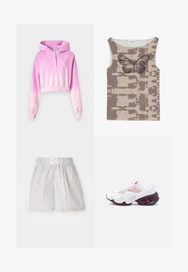 Pink-til-hvid ombré cropped hættetrøje med lange ærmer, knaplukning, Nike-logo og fastsat hætte.; Even&Odd by Zalando Top - multi coloured; Lys grå stribede shorts lavet af blødt stof. Har en elastisk talje med et Nike-logo mærke i midten.; Hvid og lyserød atletiksneaker med meshpaneler, en lyserød Nike-swoosh og en tyk, mørkelilla sål med synlig luftpolstring.
