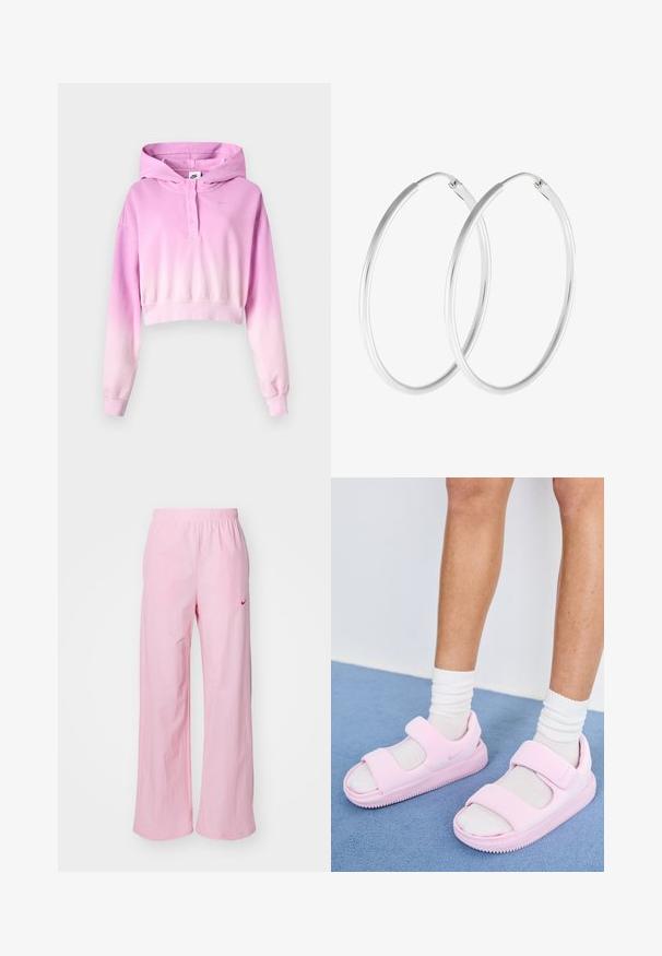 Ružovo-biely ombré krátky pulóver s kapucňou, dlhé rukávy, zapínanie na gombíky, logo Nike a pripevnená kapucňa.; Ružové elastické nohavice s uvoľneným strihom. Obsahujú červené logo na ľavej strane a majú hladkú, ľahkú textúru.; Ružové športové sandále so širokým popruhom a otvoreným prstom, vyrobené z mäkkého materiálu, s textúrovanou podrážkou pre lepšiu priľnavosť.; Strieborné kruhové náušnice s hladkým, okrúhlym tvarom a lešteným povrchom. Obe náušnice sú rovnakej veľkosti a disponujú bezpečným uzatváracím mechanizmom.