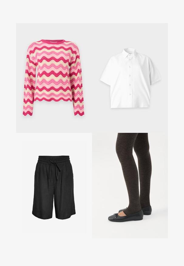 Pull à manches longues en maille avec des rayures horizontales ondulées dans des nuances de rose, rouge et crème, doté d'un col rond et de bords festonnés.; Chemise blanche à manches courtes avec col et boutons, design épuré et logo subtil sur la poitrine, présentée sur un fond clair.; Shorts noirs coupe décontractée arrivant au genou avec taille élastique et cordon noué à l'avant, en tissu léger.; Jambes portant des leggings côtelés foncés associés à des ballerines noires avec de petits détails en nœud sur fond blanc.
