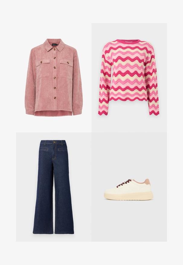 Trui met lange mouwen, gebreid met golvende horizontale strepen in tinten roze, rood en crème, voorzien van een ronde halslijn en geschulpte randen.; Roze corduroy overhemdjack met lange mouwen, twee borstzakken en bruin knopen. Heeft een klassieke kraag en een gestructureerde ribstof.; Spijkerbroek met hoge taille in donkerblauw, met wijde pijpen, bovenste knoopsluiting en contrasterende oranje stiksels. Twee achterzakken zichtbaar.; Beige lage sneaker met dikke zool, geperforeerde neus, roze hielkraag en donkerbruine veters op een effen lichtgrijze achtergrond.