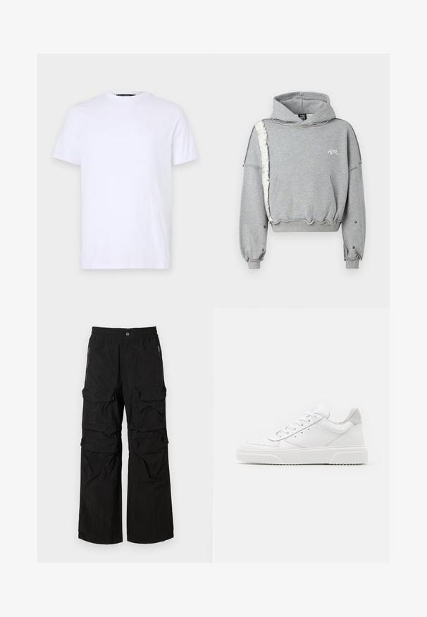 Lichtgrijze cropped hoodie van een katoenmix, met een trekkoord bij de capuchon, een voorkantzak en een rafelige linkerkantnaad met ribgebreide manchetten.; Witte katoenen t-shirt met korte mouwen, ronde halslijn, voorzien van een subtiele reliëflogo op de linkerborst, met een soepele textuur.; Zwarte cargobroek met een elastische tailleband, meerdere grote zakken en ritszakken aan de zijkant. Gemaakt van lichte, gestructureerde stof.; Witte leren sneakers met een gladde afwerking, ronde neus, platte veters en een gestructureerde zool. Grijze suède accent bij de hiel.