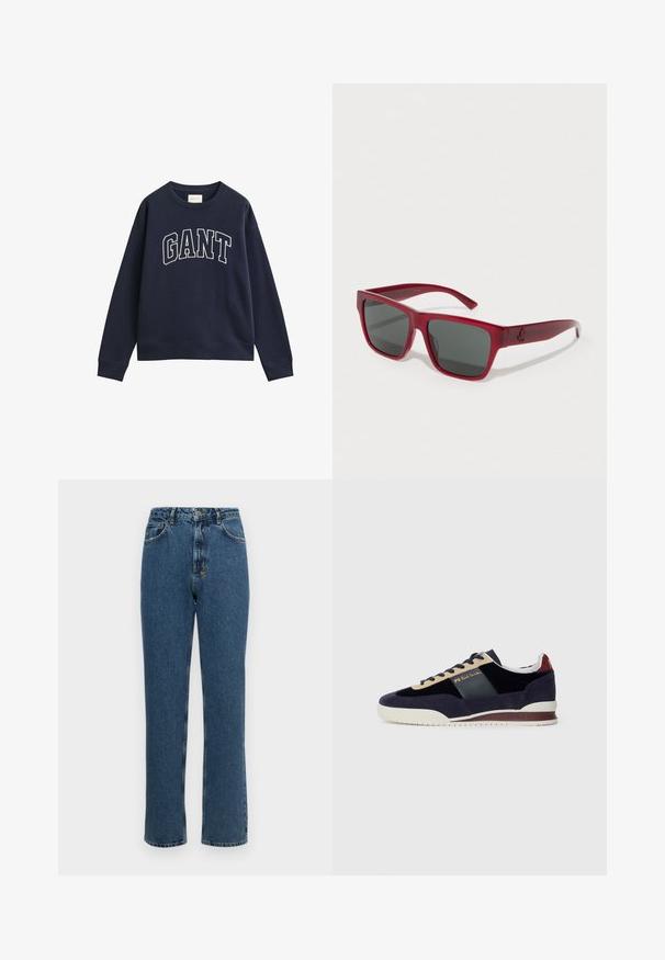 Mørkeblå crewneck sweatshirt med lange ærmer og hvid omridset "GANT" tekst tværs over brystet.; Højtaljede straight-leg jeans i mørkeblå denim. Har en knap- og lynlåslynlås, fem lommer og en let falmet tekstur.; Mørkeblå ruskinds-sneakers med beige og mørkeblå accenter. Har en hvid gummisål og gyldent branding på siden. Klassisk atletisk design.; Røde plastiks solbriller med firkantede rammer, mørkegrå linser og sideaccentuer. Letvægtsdesign velegnet til hverdag.