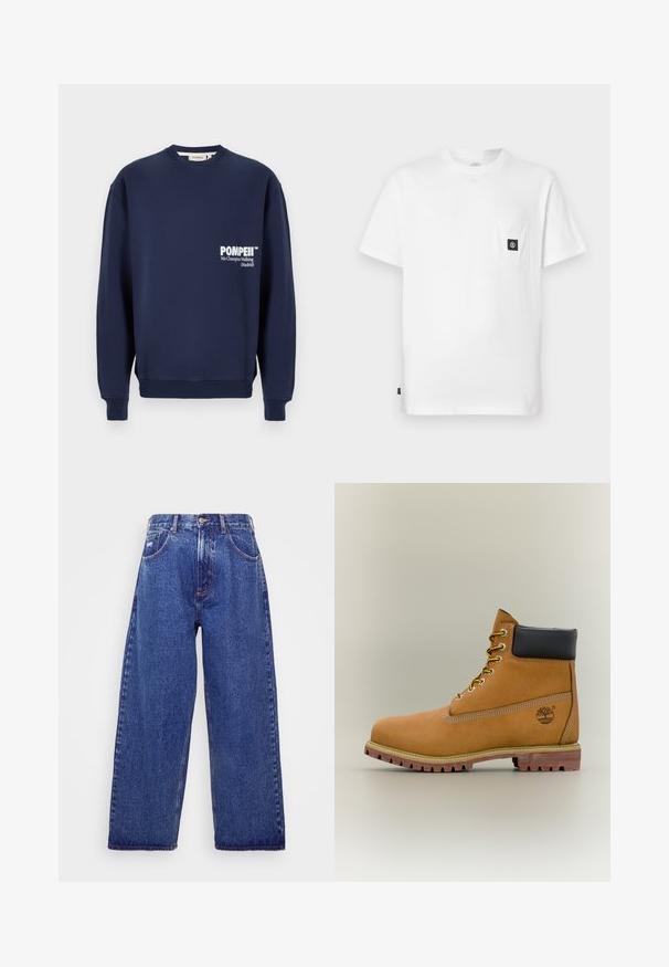 Marineblå sweatshirt lavet af blødt bomuld, med rund hals, ribbede manchetter og en frontlomme med hvidt trykt tekst.; Hvid bomulds T-shirt med rund halsudskæring, korte ærmer og en brystlomme med en sort logopatch. Glat tekstur, løs pasform.; Bredde ben, blå denim jeans med høj talje, der har fem lommer, knaplukning og subtile blødgøringer for tekstur.; Brun læderankelstøvle med sort krave, gule snørebånd og tanfarvet sål. Har logo og hvide syninger som detalje. Robust ydersål med greb.