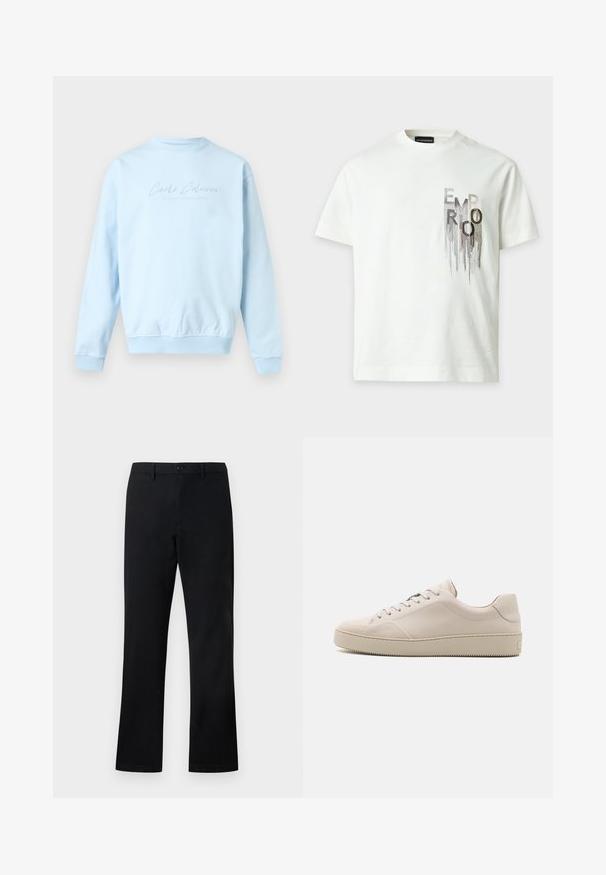 Hellblaues Sweatshirt mit Rundhalsausschnitt, langen Ärmeln und dezent besticktem "Carlo Colucci" Schriftzug auf der Brust.; Weißes T-Shirt mit kurzen Ärmeln und vertikal tropfenden Buchstaben, die "EMPORIO ARMANI" auf der linken Brustseite bilden.; Schwarze gerade geschnittene Hosen mit Knopf- und Reißverschluss, Gürtelschlaufen und Seitentaschen, dargestellt vor weißem Hintergrund.; Beige Leder-Sneaker mit glatter Oberfläche, abgerundetem Zehenbereich, flacher Sohle und klassischem Schnürdesign. Dezente Nähte und strukturierte Laufsohle.