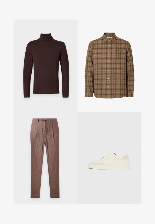 Mørkebrun langærmet turtleneck-sweater med slim fit, vist på en ensfarvet hvid baggrund.; Brun ternet langærmet skjorte med knapper, krave, hvide knapper og lige kant, vist på en ensfarvet hvid baggrund.; Brune, strukturerede bukser med et hørmønster, der har en snøre i taljen og to frontfolder. Lige ben-design.; Hvide ruskinds-sneakers med en glat finish, rund tå, fladt snøresystem og kontrasterende teksturerede detaljer. Indeholder et diskret logo.