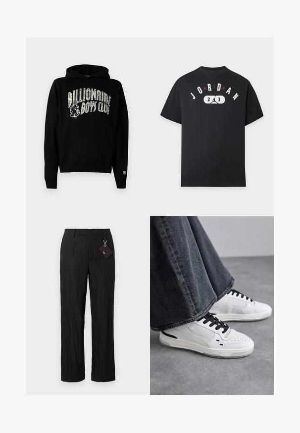 Sort hættetrøje med "Billionaire Boys Club" grafik i hvid med astronautdetalje, kengurulomme og ribbede manchetter.; Sort t-shirt med korte ærmer med teksten "JORDAN" og silhuetlogo mellem tallene 2 og 3 på brystet.; Sorte, teksturerede bukser med vide ben, glat overflade og synlige sømme; inkluderer et mærke fastgjort med en sølvhardware løkke.; Hvide sneakers med sorte snørebånd og mesh-detaljer. Har en glat læderoverdel og en tekstureret gummisål. Bæres sammen med brede grå jeans.