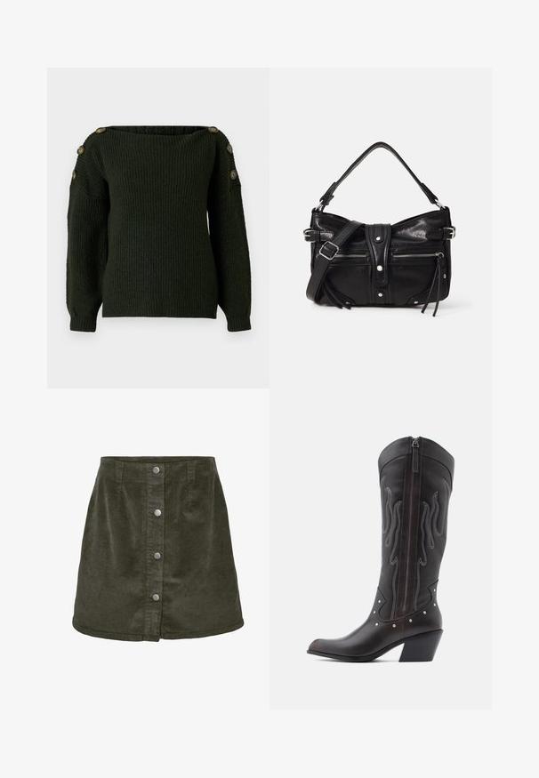 Suéter de punto verde oscuro con escote bardot y mangas largas, que presenta botones decorativos en los hombros.; Falda mini de pana en verde oscuro con forma de línea A, que cuenta con cinco cierres de botones plateados en la parte delantera y textura acanalada vertical.; Botas de cowboy de cuero marrón con costuras en forma de llama, cremallera lateral, tachuelas plateadas, punta puntiaguda y tacón apilado.; Even&Odd by Zalando H24462 - Bolso de mano - black
