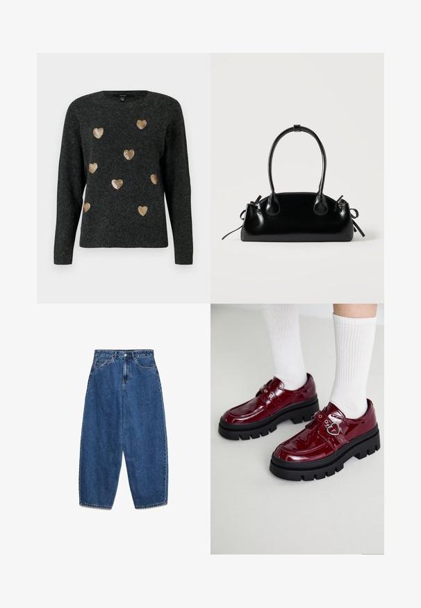 Mørkegrå strikket sweater med gyldne paillet hjerter spredt ud over fronten. Rund halsudskæring og lange ærmer.; Blå denimjeans med høj talje, afslappet pasform og lige ben. Klassisk design med fem lommer, lynlås og knaplukning.; Bordeaux patent læder sko med en kraftig sort sål, dobbelt rem med hjerte detalje og ribbede hvide sokker. Retro design med tykkere greb.; Lille sort blank håndtaske med to lange håndtag og snøre-detaljer i siden på en ensfarvet lys baggrund.
