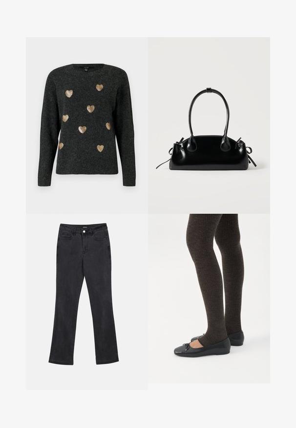 Dunkelgrauer gestrickter Pullover mit goldenen Pailletten-Herzmustern, die über die Vorderseite verteilt sind. Rundhalsausschnitt und lange Ärmel.; Schwarze gerade geschnittene Jeans mit Vorder- und Gesäßtaschen, Gürtelschlaufen und einem Knopfverschluss an der Taille.; Beine in dunklen, gerippten Leggings kombiniert mit schwarzen Ballerinas mit kleinen Schleifendetails auf weißem Hintergrund.; Kleine schwarze glänzende Handtasche mit zwei langen Griffen und seitlichen Kordelzug-Details vor einfachem hellem Hintergrund.