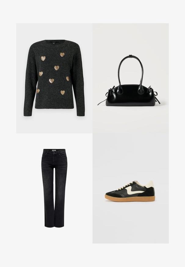 Donkergrijze gebreide trui met gouden pailletten hartpatronen verspreid over de voorkant. Ronde halslijn en lange mouwen.; ONLY BLUSH MID STRAIGHT NOOS - Straight leg jeans - washed black; Zwarte suède en leren sneaker met een crèmekleurige zij-swoosh en lichte crèmekleurige hiel. Voorzien van beige veters en een gumrubberen zool.; Kleine zwarte glanzende handtas met twee lange hengsels en zijkant trekkoord details op een effen lichte achtergrond.