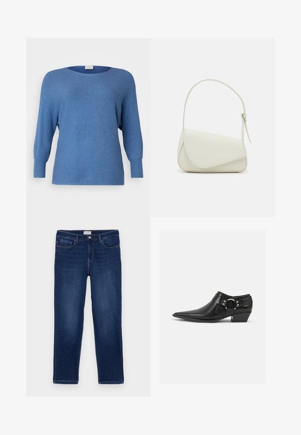 ONLY Carmakoma CARNEW ADALINE LIFE LS PULLOVER KNT NOOS - Strickpullover - coronet blue melange; Dunkelblaue Denim-Jeans im geraden Schnitt, mit Fünf-Taschen-Design, sichtbaren Nähten und einem Metallknopfverschluss am Bund.; Schwarze Leder-Ankle-Boots mit spitzem Zeh, ausgestattet mit einem vorderen Leder-Riemen und einem silbernen Schnallendetail sowie einem niedrigen Blockabsatz.; Weiße Kunstleder-Handtasche mit einer strukturierten dreieckigen Form, einem verstellbaren Einzelgurt und einem Klappenverschluss mit geschwungenen Akzenten.