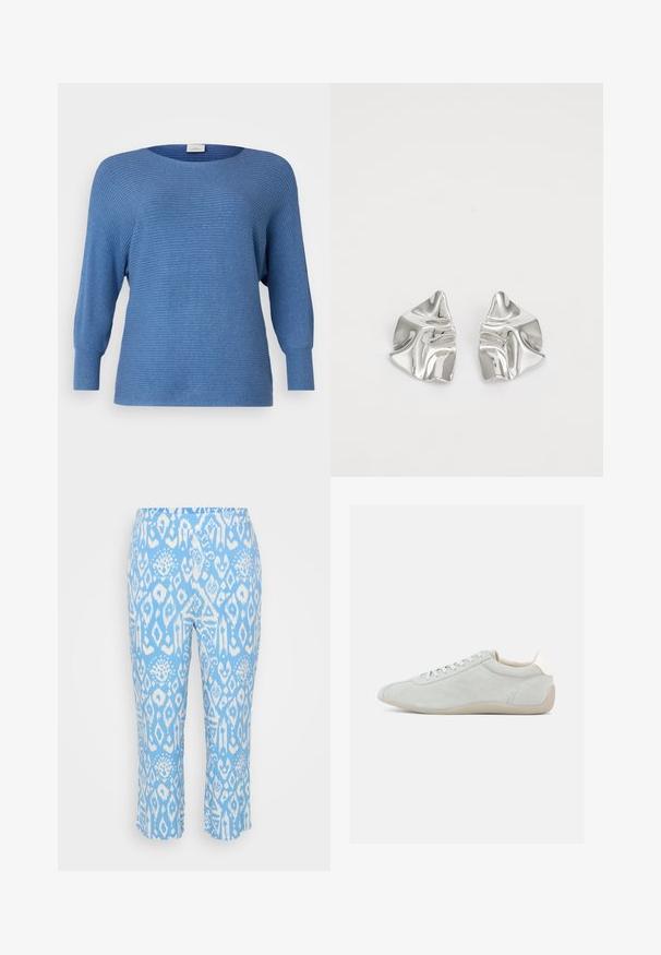 ONLY Carmakoma CARNEW ADALINE LIFE LS PULLOVER KNT NOOS - Džemper - coronet blue melange; Heledadsinine capri püksid, millel on valge geomeetriline Muster. Valmistatud pehmest ja venivast kangast, millel on elastne vöökoht.; Helehallid seemisnahast tossud, millel on madal profiil, paeltega kinnitamine ja pehme beež kummitald. Peened õmblused lisavad tekstuuri.; Hõbedased metallkõrvarõngad lainelise, skulpturaalse disainiga, millel on poleeritud viimistlus ja ebaregulaarsed kujundid, rõhutades kaasaegset esteetikat.
