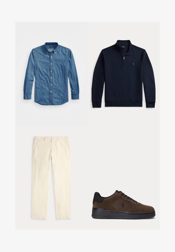 Tumesinine pikkade varrukatega poole tõmblukuga pullover, püsti jääva kraega ja vasakul rinnal väikese tikitud Polo Ralph Lauren logoga.; Keskmise sinise värvi denimist nööbitav särk, millel on terav krae, pikad varrukad ja rinnal väike broderi logo. Pehme tekstuur.; Kreemikas sirge jalaosaga püksid vöö aasade ja küljetaskutega, esitatud tasaselt heledal taustal.; Tumepruun madala säärega toss musta tallaga, mustade paeltega ja võrgust küljepaneeliga, millel on väike must logo.