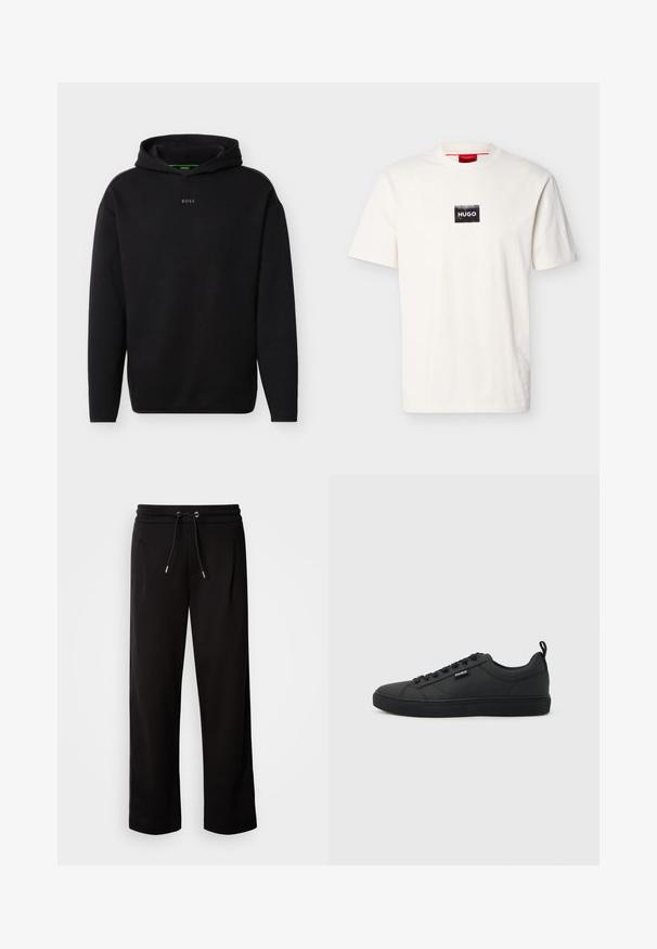 Schwarzer Kapuzenpullover mit langen Ärmeln und kleinem "BOSS"-Logo mittig auf der Brust vor weißem Hintergrund.; Weißes T-Shirt mit kurzen Ärmeln und Rundhalsausschnitt, versehen mit einem kleinen schwarzen rechteckigen Aufnäher und weißem "HUGO"-Schriftzug auf der Brust.; Schwarze, lockere Sweatpants aus weichem Stoff, mit einem elastischen Bund und Zugband sowie seitlichen Taschen.; Schwarzer Sneaker mit niedrigem Schnitt, Schnürverschluss, flacher Sohle und kleinem "HUGO"-Label an der Seite, im Profil auf hellem Hintergrund gezeigt.