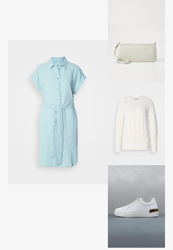 Hvid strikket sweater med et kabelmønster, rund halsudskæring, lange ærmer samt ribbede manchetter og kant. Teksturen ser blød og struktureret ud.; Lys blå linned kjole med korte opsmøgede ærmer, knaplukning foran og et matchende bindebælte i taljen for justerbar pasform.; Hvide sneakers med et tekstureret design, glat læder, flad sål, metallisk guld accent på hælen og grå trækstrop bagpå.; Hvid mønstrede clutchtaske med en slank rektangulær form, glat tekstur og en justerbar rem. Har et diskret logodesign og sølv hardware.