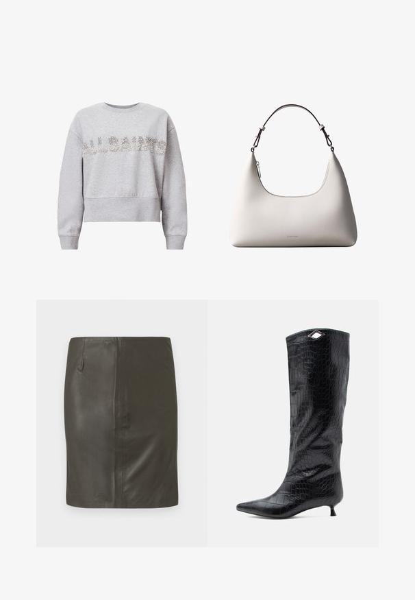 Grijze korte sweatshirt met lange mouwen. Heeft de tekst "ALLSAINTS" in zilveren rhinestones over de voorkant. Zacht materiaal met een gestructureerde afwerking.; Donkergroene leren rok met een gladde textuur, nauwsluitende pasvorm en een enkele zijzak. Eenvoudig design zonder zichtbare hardware of patronen.; Zwart kniehoge laarzen van glanzend krokodillenembossed leer, met een spitse neus en een kleine kittenheel, en een hoekige zilveren accent aan de bovenkant.; Romige Calvin Klein leren schoudertas met gebogen bovenrand, zilveren rits en donkerbruine verstelbare riem.
