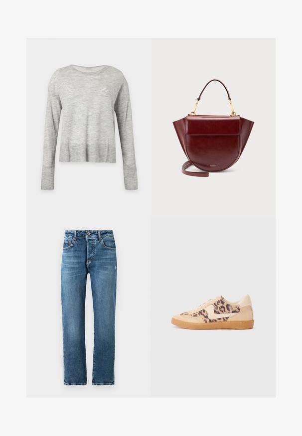 Lysegrå langærmet sweater med rund halsudskæring og en let løs pasform, vist på en ensfarvet lys baggrund.; Herre blå denim jeans med lige pasform, fem lommer og knaplukning. Har let falmning og syet detaljer.; Leopardprint sneakers med beige ruskindsoverdel, tan gummisål og hvide detaljer. Rund pegefinger og snørebåndsdesign med en tekstureret finish.; Mørkerød lædertaske med topgreb, guldfarvet hardware, klaplomme foran og lang rem, sat mod en ensartet lys baggrund.