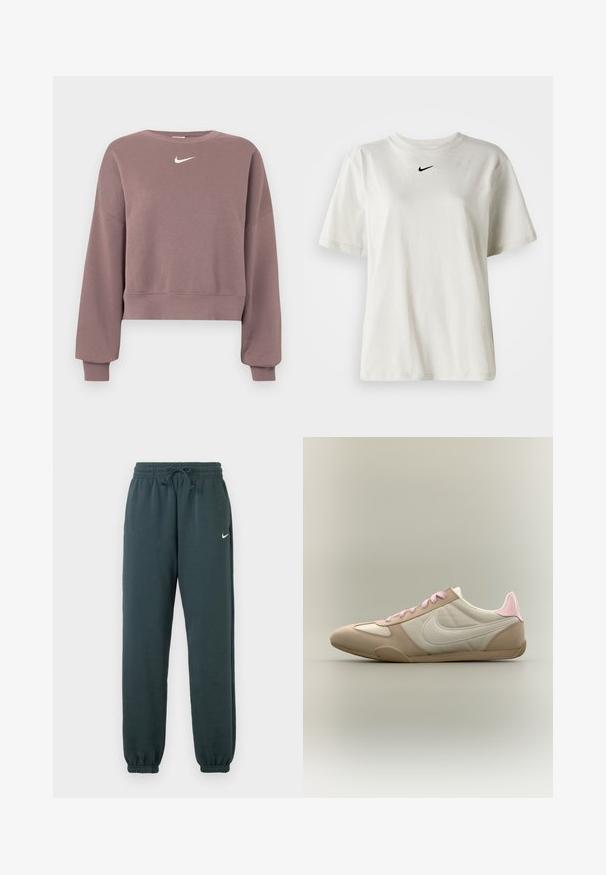 Sudadera corta de color púrpura hecha de tela suave, con cuello redondo, hombros caídos y un pequeño logo blanco de Nike en el pecho.; Camiseta de algodón blanca con cuello redondo y mangas cortas. Presenta un pequeño logotipo negro de Nike en el pecho. Diseño sencillo y sin adornos.; Pantalones jogger de Nike en verde oscuro, fabricados con un tejido suave, cuentan con una cintura elástica con cordón ajustable y dobladillos ajustados.; Zapatilla de perfil bajo en beige y blanco con cordones rosas y detalle en el talón, mostrando el logo de Nike en el lateral sobre un fondo liso.