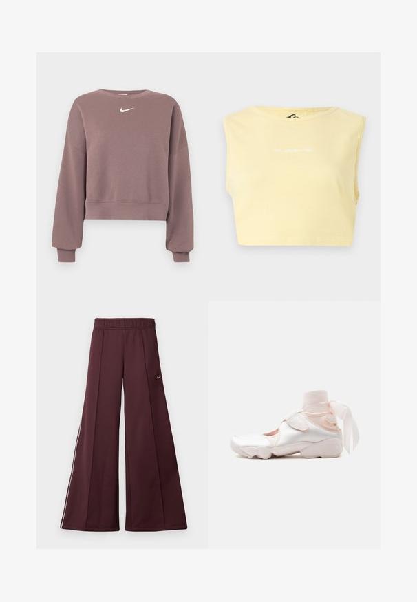 Lilla cropped sweatshirt lavet af blødt stof, med rund halsudskæring, sænkede skuldre og et lille hvidt Nike-logo på brystet.; Gul cropped ærmeløs top med rund halsudskæring og lille hvid Quiksilver-logo centreret på forsiden.; Bordeaux bredde-bukser i et glat stof med elastisk talje og hvide striber på siden. Har et lille Nike-logo på venstre lår.; Hvid og lyserød sneaker med blødt stofankelomslag bundet i en sløjfe, med justerbar rem og rundet sål.