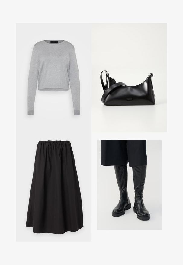 Grå sweater med rund hals, lange ærmer, cropped design, blød tekstur, ribbede manchetter og kant. Etiketter synlige på den indre halsudskæring.; Sort løstsiddende midinederdel med elastisk taljebånd og snøre, lavet af letvægtsstof.; Sorte læder knæhøje støvler med en glat tekstur, kraftige såler og side-lynlåse. Designet har diskrete sømdetaljer.; Sort læderhåndtaske med en glat tekstur. Har en justerbar stropp og et enkelt, minimalistisk design med lynlås.