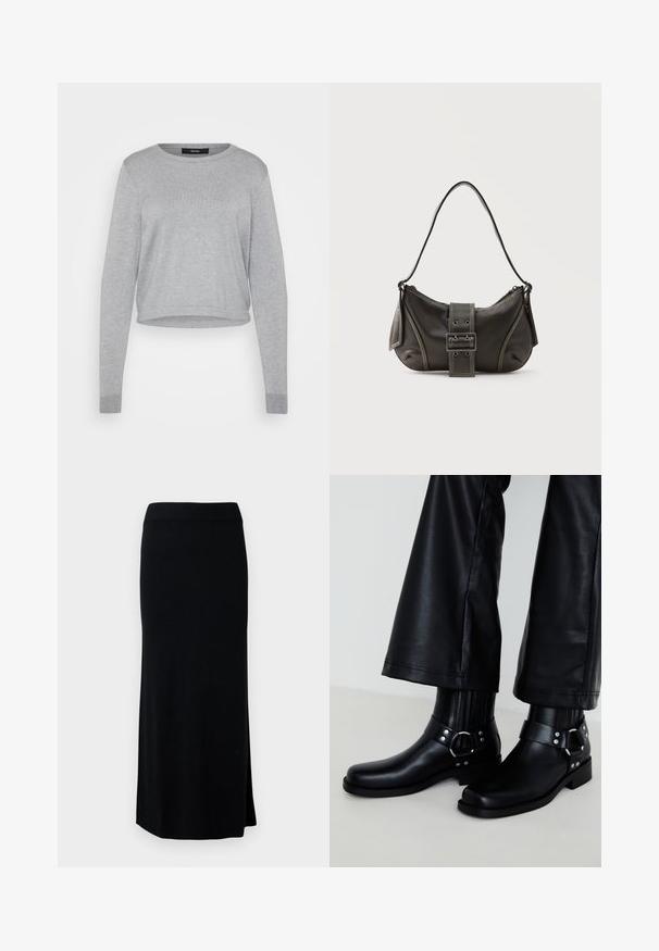 Grå sweater med rund hals, lange ærmer, cropped design, blød tekstur, ribbede manchetter og kant. Etiketter synlige på den indre halsudskæring.; Sort, lang, strikket nederdel med en sideslids. Har en strækbar talje og en glat tekstur. Enkel, tætsiddende design. Ingen synlige mønstre eller detaljer.; Sorte læder ankelstøvler med en rund tå, der har en dekorativ spænde og nitter på remmen samt lodrette ribbede detaljer.; Sort læder skuldertaske med spænde på remmen, afrundede kanter og kontrasterende hvide syninger på en ensfarvet baggrund.