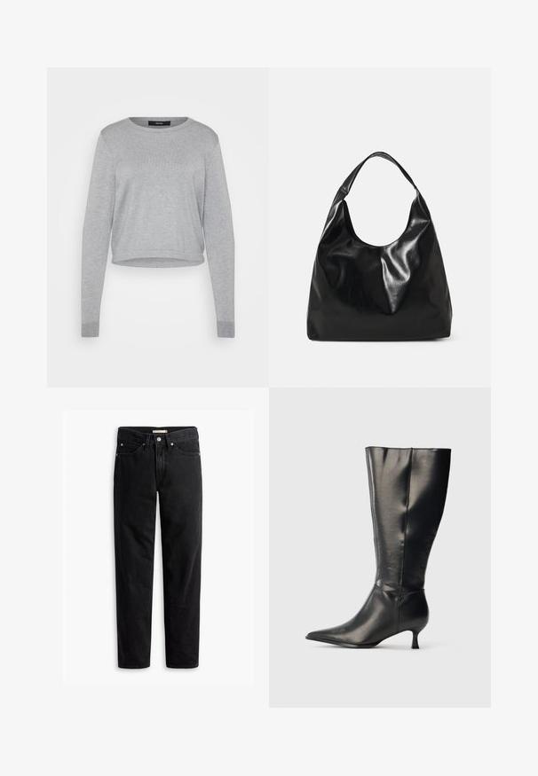 Grå sweater med rund hals, lange ærmer, cropped design, blød tekstur, ribbede manchetter og kant. Etiketter synlige på den indre halsudskæring.; Sorte straight-leg jeans med knap- og lynlåslukning, bæltestropper samt for- og baglommer, vist fladt på hvid baggrund.; Sort knæhøj læderstøvle med spids tå og lav kittenhæl, vist på en enkel lys baggrund.; Sort læder hobo taske med en blød, skinnende tekstur og en rund, åben top. Har en bred, buet strop til bæring. Ingen synlig hardware.