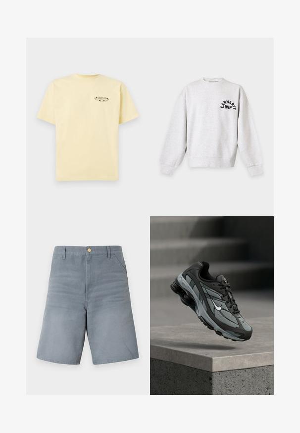 Sweat-shirt gris clair à col rond avec manches longues et logo texte noir ""Carhartt WIP"" sur la poitrine gauche.; T-shirt en coton jaune avec des manches courtes et un col rond, comportant un logo graphique imprimé sur la partie gauche de la poitrine.; Shorts gris mi-genou avec passants de ceinture, poches latérales et fermeture par bouton à l'avant.; Baskets athlétiques grises et noires avec panneaux en mesh et semelle épaisse, positionnées en plein air au-dessus d'un rebord en béton avec des escaliers en arrière-plan.