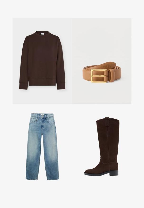 Mørkebrun sweatshirt med lange ærmer og rund halsudskæring med ribkanter ved manchetter og kant, vist på hvid baggrund.; Lys blå denim bredbenede jeans med høj talje, fem lommer og knaplukning. Fadede mønster mod bunden.; Høj mørkebrun ruskindsstøvle med lav stablet hæl og rundet tå, med en trækkemærke øverst på skaftet.; Brunt læderbælte med en struktureret finish, der har en guldfarvet spænde med dobbelt torn og en glat ende, snoet i en løkke.