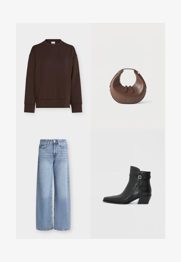 Dunkelbraunes Sweatshirt mit langen Ärmeln und Rundhalsausschnitt, mit gerippten Bündchen und Saum, auf weißem Hintergrund dargestellt.; Hellblaue Jeans mit weitem Bein, vorderen Taschen, Gürtelschlaufen, Knopfverschluss und verblassten Details an den Oberschenkeln.; Schwarze Lederstiefeletten mit spitzem Schuhblatt, niedrigem Blockabsatz und einem dekorativen Riemen mit silberner Schnalle. Glatte Textur.; Braune, sichelförmige Lederhandtasche mit einem oberen Griff und zwei Reißverschluss-Schiebern vor weißem Hintergrund.