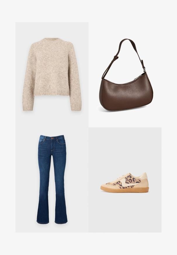 Beige Strickpullover mit Rundhalsausschnitt, langen Ärmeln und gerippten Bündchen. Hergestellt aus strukturiertem Wollgemisch mit dezenten Sprenkeln.; Ausgestellte blaue Denim-Jeans mit mittelhohem Bund, ausgestattet mit Vorder- und Hintertaschen, orangefarbener Naht und Knopfverschluss.; Löwenmuster-Sneaker mit beige Wildleder-Obermaterial, tanfarbener Gummisohle und weißen Akzenten. Runde Zehenform und Schnürdesign mit strukturiertem Finish.; Kleine braune Lederschultertasche mit verstellbarem Riemen und Reißverschluss, vor weißem Hintergrund. Kein sichtbares Branding oder Verzierung.