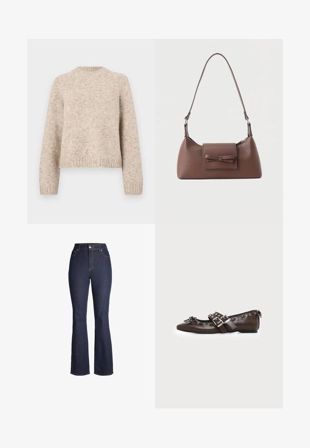 Pull en tricot beige avec un col rond, des manches longues et des poignets côtelés. Fabriqué en mélange de laine texturé avec des éclats subtils tout au long.; Jean denim bleu foncé taille haute avec bouton et fermeture éclair à l'avant, poches avant et jambes légèrement évasées.; Chaussure plate en cuir marron foncé avec bout pointu, doubles brides à boucles argentées, œillets métalliques et nœud décoratif à l'avant.; Sac à bandoulière en cuir marron avec une poche à rabat avant ornée d'un détail en forme de nœud cousu et une sangle réglable.