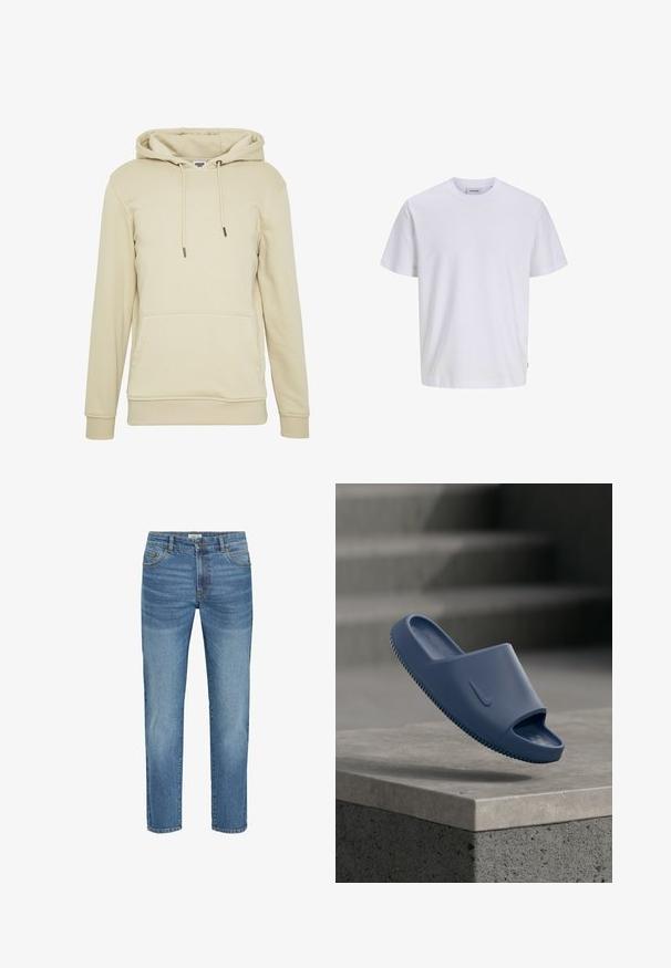 Beige Kapuzenpullover aus weichem Stoff mit einer Kängurutasche, gerippten Bündchen und Kordeln, der ein einfaches, klares Design aufweist.; Schlichtes weißes T-Shirt mit kurzen Ärmeln und Rundhalsausschnitt, geradem Saum, auf weißem Hintergrund dargestellt.; Hellblaue Jeans aus Denim mit klassischem geradem Bein, ausgestattet mit fünf Taschen, Metallknopfverschluss und leichtem Verblassen des Stoffes.; Einzelne blaue Nike-Pantoletten-Sandale schwebt über einer Betonoberfläche mit unscharfen Treppen im Hintergrund.
