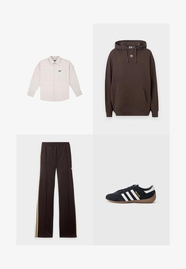 Sweat à capuche marron en tissu doux avec une poche kangourou, une capuche à cordon de serrage et un logo Adidas blanc sur la poitrine. Coupe régulière.; Chemise boutonnée à manches longues de couleur gris clair avec des rayures verticales. Équipée de poches poitrine et d'un col classique. Tissu doux avec une coupe décontractée.; Pantalon de survêtement noir avec des bandes latérales jaunes, taille élastique, poches latérales zippées et un petit logo sur la partie supérieure de la cuisse.; Baskets en daim noir avec trois bandes blanches, semelle en caoutchouc beige, et un petit logo doré sur le côté. Dotées d'une doublure intérieure noire lisse.