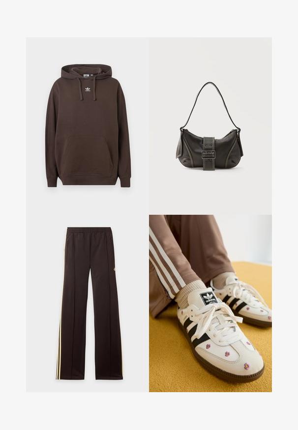 Sudadera con capucha marrón hecha de tela suave con bolsillo tipo canguro, capucha con cordón y logo blanco de Adidas en el pecho. Diseño de ajuste regular.; Pantalones de chándal negros con rayas amarillas laterales, cintura elástica, bolsillos laterales con cremallera y un pequeño logo en el muslo superior.; Zapatillas de piel blanca con tres rayas negras y bordado floral en púrpura y amarillo. Suela de goma marrón. Combinadas con calcetines beige con canalé.; Bolso de hombro de cuero negro con detalle de correa con hebilla, bordes curvos y costuras blancas en contraste sobre un fondo liso.