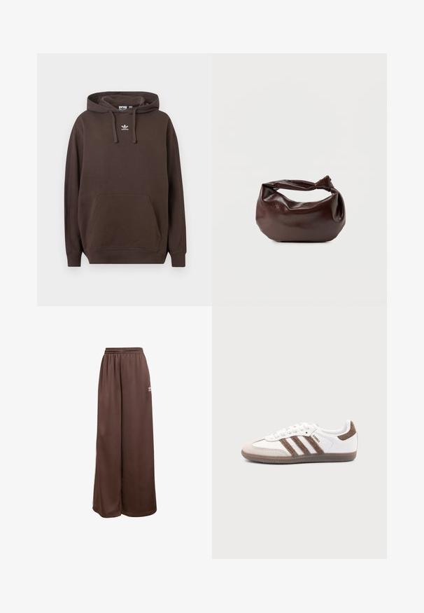 Hnedá mikina s kapucňou z mäkkej látky s klokaním vreckom, kapucňou so šnúrkou a bielym logom Adidas na hrudníku. Dizajn klasického strihu.; adidas Originals Tepláky - auburn cream white; Biele tenisky Adidas Samba s hnedými semišovými pruhmi, hnedou gumovou podrážkou a béžovým semišovým špicom, zobrazené z vonkajšej strany na jednofarebnom pozadí.; Tmavohnedá kožená kabelka cez rameno s mäkkým, voľným tvarom a držadlom v podobe skrúteného uzla na jednoduchom bielom pozadí.