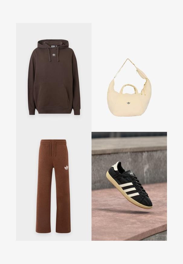 Brun hoodie lavet af blødt stof med kængurulomme, snøre i hætten og hvidt Adidas-logo på brystet. Regular fit design.; Brune sweatpants i blødt stof med en afslappet pasform, der har en elastisk talje, snørre og et hvidt logo på venstre lår.; Sort Adidas sneaker med hvide striber og beige sål, fanget i luften over en stenet overflade og baggrund af en stenmur.; Beige Adidas skuldertaske med korte håndtag og justerbar rem, med en lille sort Adidas-logo på midten af fronten.