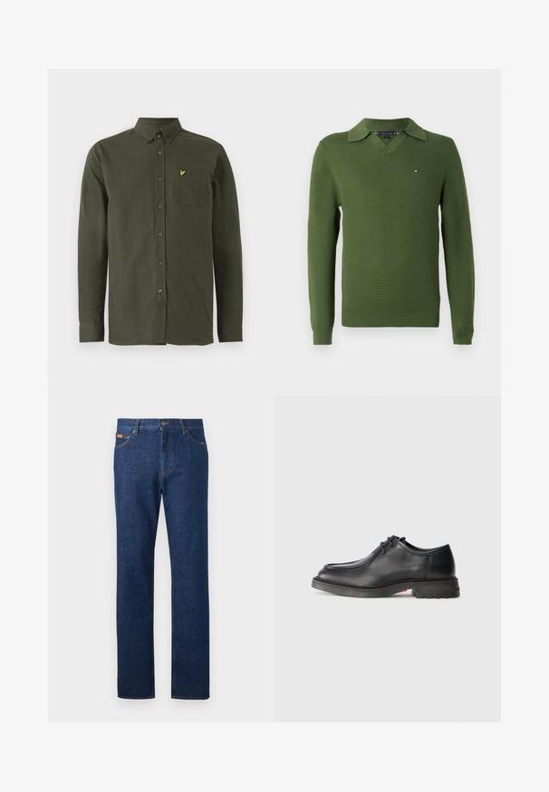 Grøn strikket pullover med V-hals og krave, med et lille logo på brystet, struktureret mønster og ribbede manchetter og kant.; Mørkegrøn langærmet skjorte med knaplukning, knap-down krave, brystlomme og lille gul broderet fuglelogo på lommen.; Mørkeblå denimjeans med lige ben-design, prydet med orange syninger, fem lomme-styling og bæltestropper i taljen.; Sorte lædersko med glat tekstur, rund tå og lav, præget syning. Tykk gummisål med let hæl og skridsikker mønster.