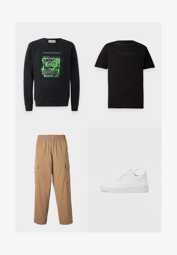 Schwarzer Pullover mit rundem Ausschnitt, der eine grüne SpongeBob-Grafik und Text zeigt. Lange Ärmel mit gerippten Bündchen und Saum.; Schwarzes Baumwoll-T-Shirt mit Rundhalsausschnitt und kurzen Ärmeln. Auf der Vorderseite befindet sich der erhabene Text "ARMANI EXCHANGE MILANO / NEW YORK".; Beige Cargo-Hosen mit einem elastischen Bund, die mehrere Seitentaschen und eine leichte, glatte Textur aufweisen. Gerade Beinform.; Weißer Ledersneaker mit abgerundetem Zehenbereich, flacher Sohle und Schnürverschluss. Verfügt über Nahtdetails und einen gepolsterten Kragen für zusätzlichen Komfort.