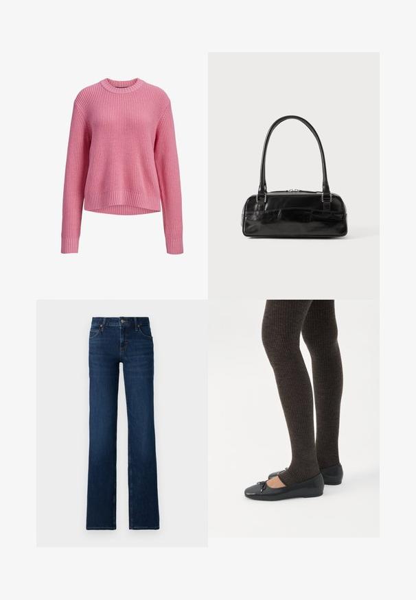 Pink strikket langærmet sweater med rund hals, ribstrikkede manchetter og kant, med en lidt længere ryg.; Mørkeblå buksestil i denim. Har en syet talje, fem lommer og en lynlås-fly med en metal knaplukning.; Ben iført mørke ribbede leggings kombineret med sorte balletsko med små sløjfedetaljer på hvid baggrund.; Sort læderhåndtaske med rektangulær form, der har et enkelt struktureret håndtag, sølvhardware og lynlås-lukning. Glat tekstur.