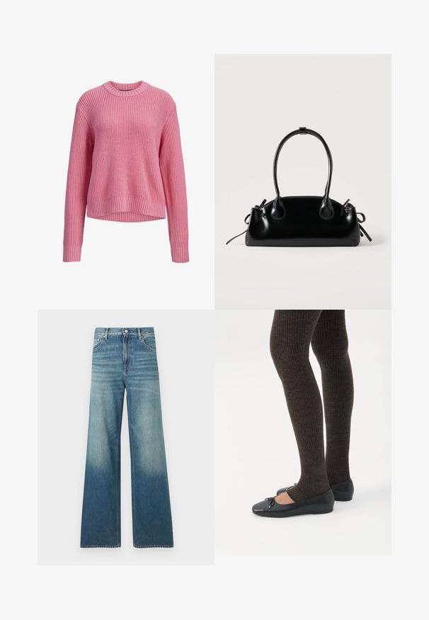 Pull en maille rose à manches longues avec col rond, poignets et ourlet côtelés, présentant un dos légèrement plus long.; Jean en denim bleu taille haute avec une coupe large, poches avant, fermeture par boutons et détails délavés sur les cuisses et le bas des jambes.; Jambes portant des leggings côtelés foncés associés à des ballerines noires avec de petits détails en nœud sur fond blanc.; Petit sac à main noir brillant avec deux longues anses et des détails à cordon sur les côtés sur un fond clair uni.