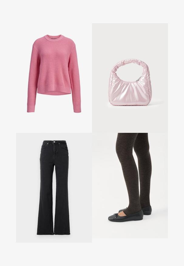 Pink strikket langærmet sweater med rund hals, ribstrikkede manchetter og kant, med en lidt længere ryg.; Sorte højtaljede denimjeans med flagrende ben, frontknap og fem-lommet design mod en helt hvid baggrund.; Ben iført mørke ribbede leggings kombineret med sorte balletsko med små sløjfedetaljer på hvid baggrund.; Rosa, polstret håndtaske med afrundet design, lavet af skinnende materiale. Har et samlet håndtag og en lynlås til sikker adgang.