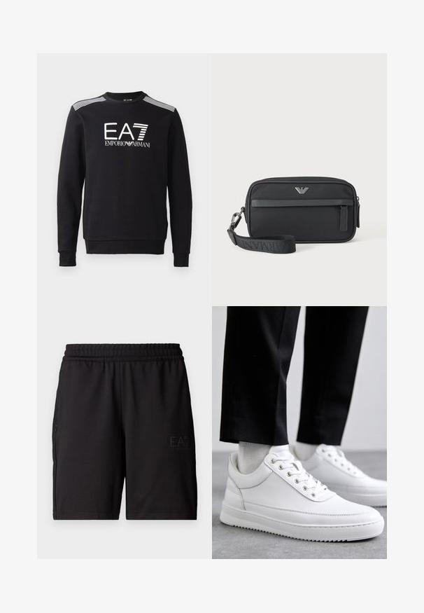 Sudadera negra de algodón, con cuello redondo, mangas largas, logotipo EA7 en blanco y rayas en los hombros.; Pantalones cortos deportivos negros hechos de un tejido ligero, con una cinturilla elástica y paneles laterales de malla. Logo de la marca impreso en la parte delantera.; Zapatillas de cuero blanco con una suela de goma plana, que presentan un acabado suave, punta redonda y ojetes de metal para los cordones. Llevadas con pantalones negros.; Bolso de muñeca rectangular negro con bolsillo delantero con cremallera, emblema de logo plateado y correa desmontable con texto de la marca.