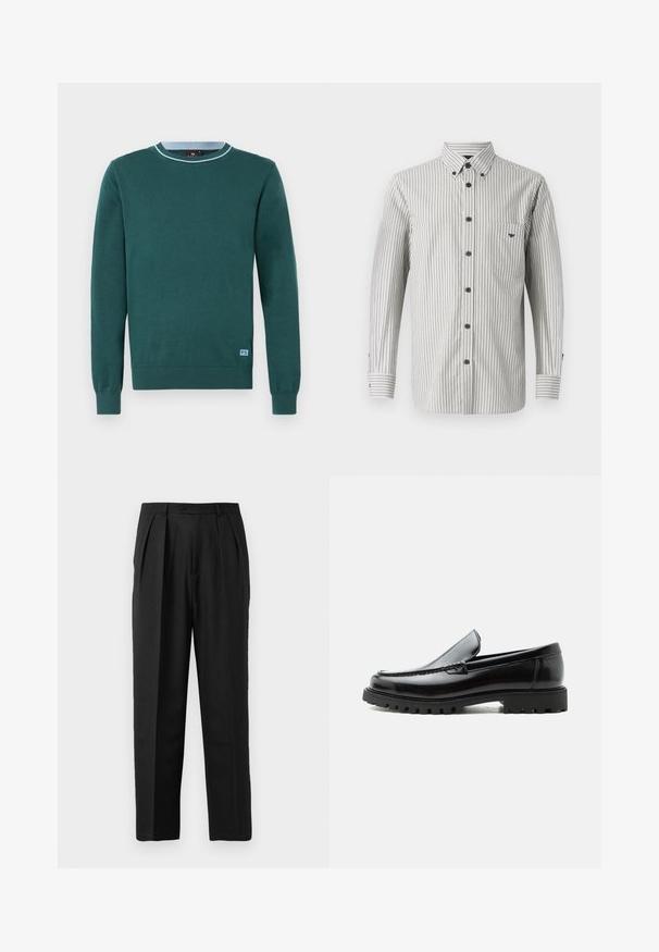 Grøn sweater med rund hals, lange ærmer, strikket tekstur og lyseblåt accent ved kraven. Har en lille logo nederst.; Hvid skjorte med smalle sorte striber. Har krave, lange ærmer, brystlomme og mørke knapper. Lavet af bomuldsstof.; Sorte plisserede bukser med et skrædderlavet design, fremstillet af glat stof, med knaplukning og lige ben.; Sort læderloafer med chunky gummisål, syet overdel og præget mærkenavn på hælen, vist i sideprofil på hvid baggrund.