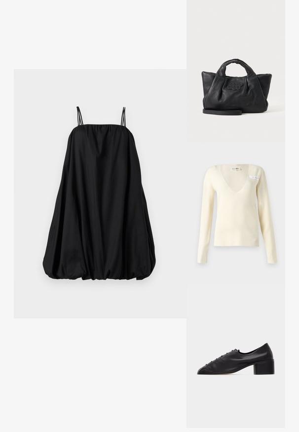 Kremfarvet langærmet sweater med dyb V-udskæring, lavet af blødt stof, der fremviser en glat tekstur og minimalistisk design.; Sort kjole med tynde stropper, løs ballonform og en rynket halsudskæring. Fremstillet af blødt stof med en glat tekstur uden synlige mønstre.; Sort damesko i læder med lav blokhæl og dekorative knapper langs toppen, vist i sideprofil mod hvid baggrund.; Sort blødt læderhåndtaske med korte håndtag, en aftagelig rem og et syet logo foran, på en ensfarvet lys baggrund.