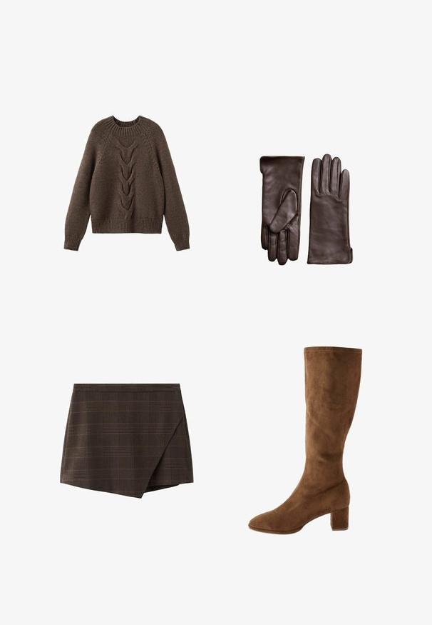 Brun strikket sweater med rund halsudskæring, lange ærmer og et kabelstrikdesign, der løber ned langs fronten. Ribbet kant og manchetter.; Brun ternet slå-om-nederdel med struktureret design, indsatte taljebånd og en let skråtstillet kant, lavet af tekstureret stof.; Brun ruskind knæhøj støvle med spids tå og blokhæl. Glat tekstur med minimal syningsdetalje. Klassisk og enkel design.; Brune læderhandsker med en glat tekstur, der har et tre-delt design til fingrene og en tætsiddende manchet. Ingen synlig hardware eller mønstre.