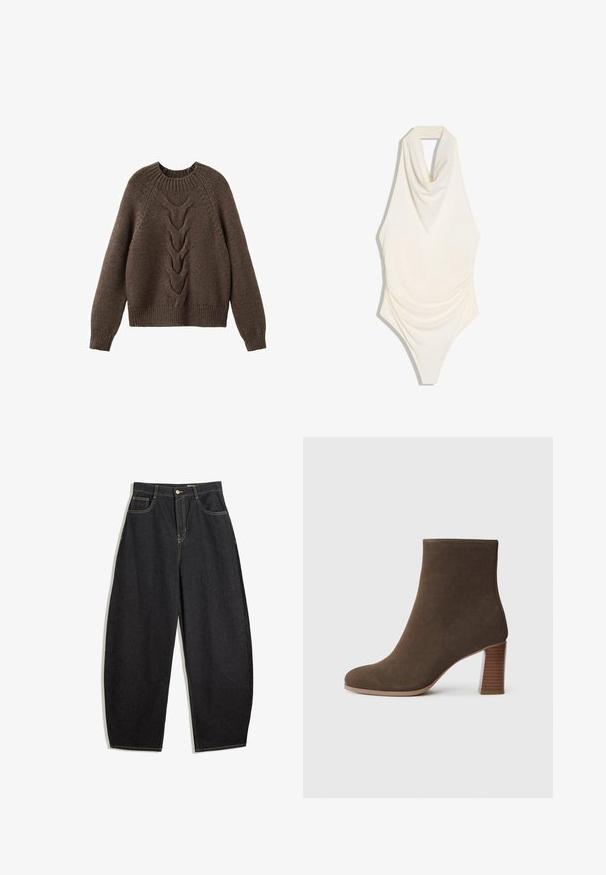 Brun strikket sweater med rund halsudskæring, lange ærmer og et kabelstrikdesign, der løber ned langs fronten. Ribbet kant og manchetter.; Kremfarvet ærmeløs body med draperet halstørklædeudskæring og rynkede sider, vist mod hvid baggrund.; Sorte denim bukser med vid ben og høj talje, prydet med gule syninger, to forlommer og en enkelt knaplukning.; Brune ruskinds ankelstøvle med rund tå og en stablet, tekstureret hæl. Glat overflade uden synlige lukninger eller udsmykninger.