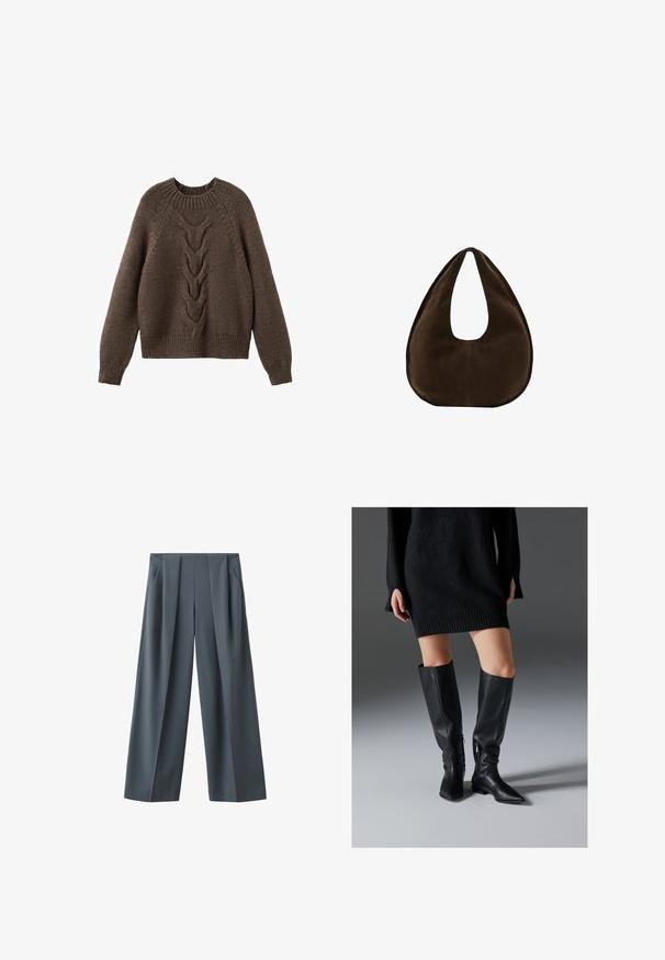 Brun strikket sweater med rund halsudskæring, lange ærmer og et kabelstrikdesign, der løber ned langs fronten. Ribbet kant og manchetter.; Mørkegrå, vidde buks med for-nyt og sidelommer, vist på hvid baggrund.; Sorte læderstøvler over knæet med spidse tæer, flade såler og lynlåse i siden. Glat tekstur, elegant design uden pynt.; Mørkebrun ruskind skuldertaske formet som en halvmåne med en bred rem og glat tekstur på en hvid baggrund.